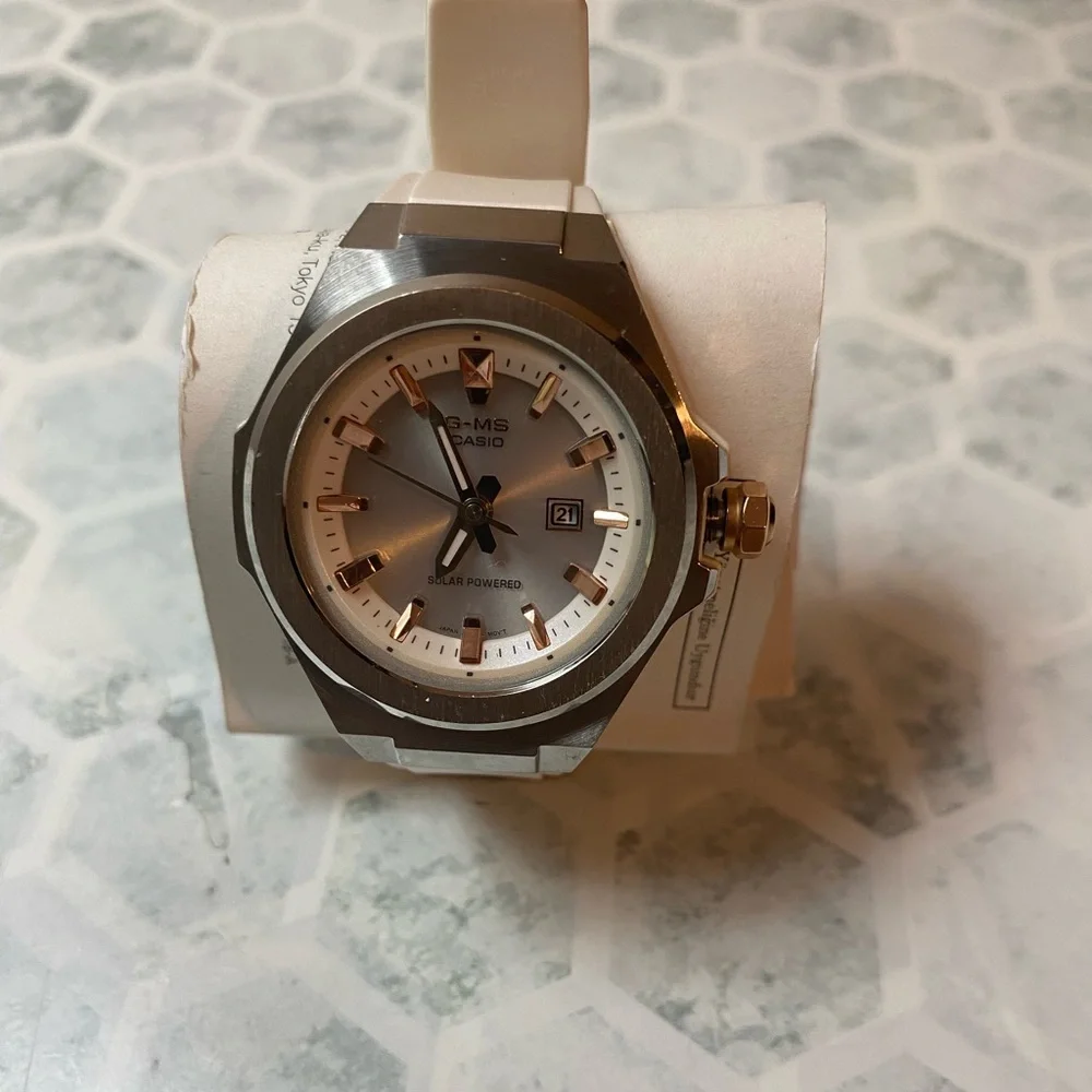 Casio Silver and White Watch with Gold Details